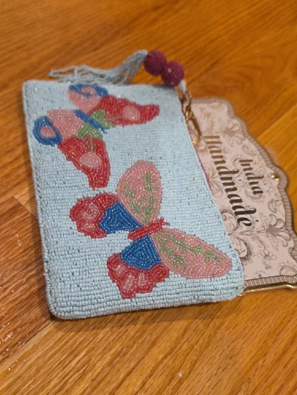 Handmade Beaded Butterfly Wristlet Clutch - Light Blue